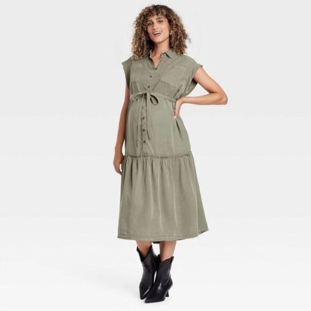 Isabel Maternity Green Short Sleeve Button-Front Belted‎ Maternity Dress XS